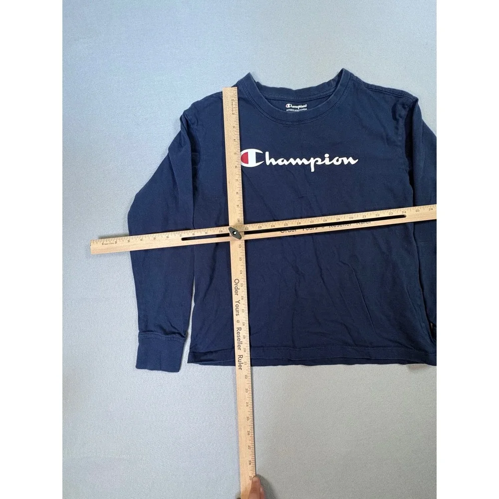 Champion Long Sleeve Graphic T-Shirt Navy Blue Small Script Logo Athletic‎ Tee